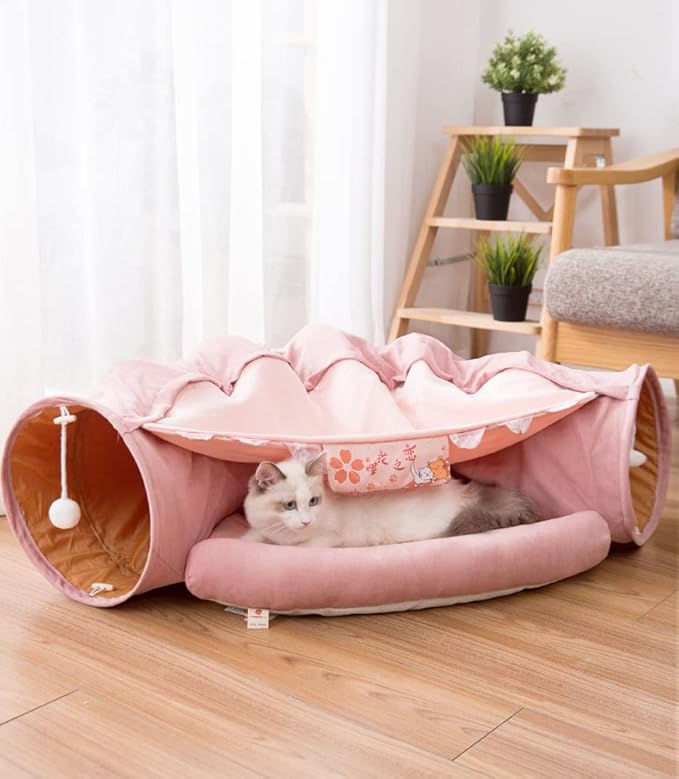 2 in 1 Cat Tunnel Bed Tube with Cushion and Plush Ball Toy Playground Crinkle Collapsible for Large Cats Kittens Kitty Puppy Small Dog Foldable Soft Pet Play Bed Indoor Outdoor- Pink Cat Tunnel Bed-PawvioPets