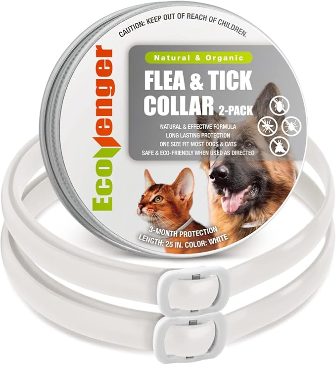 EcoVenger Flea & Tick Collar Repellent 2-Pack White, Fits Both Dogs & Cats, Built-in Pant-Based Formula Strong Repellency Slow Release, Lasting Deterrence and Protection, Pleasant Aroma, Waterproof-PawvioPets