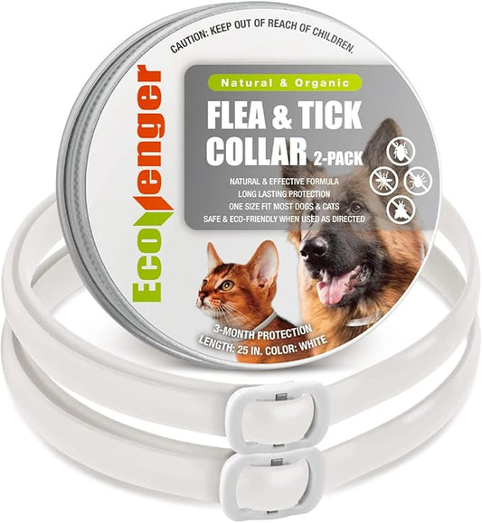 EcoVenger Flea & Tick Collar Repellent 2-Pack White, Fits Both Dogs & Cats, Built-in Pant-Based Formula Strong Repellency Slow Release, Lasting Deterrence and Protection, Pleasant Aroma, Waterproof-PawvioPets