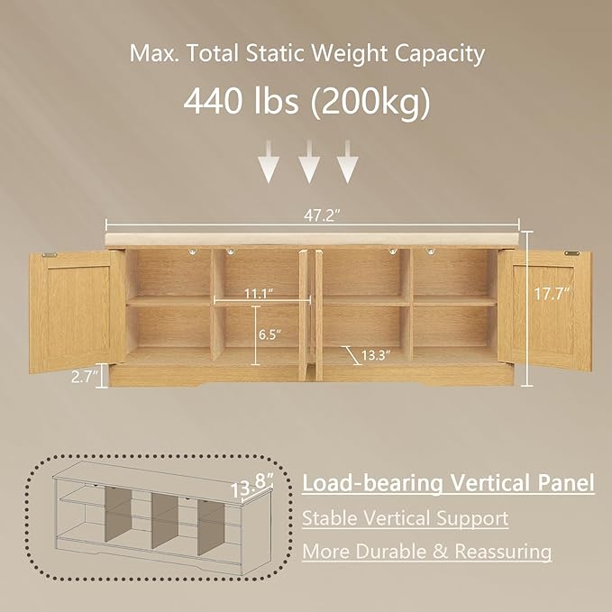 DINZI LVJ Shoe Bench, Entryway Storage Bench with Doors, Cushion, 2-Tier Shoe Rack with 8-Cubby, 47.2”L x 13.8”W Shoe Organizer Cabinet, Adjustable Shelf, Living Room, Bedroom, Natural with Rattan-PawvioPets