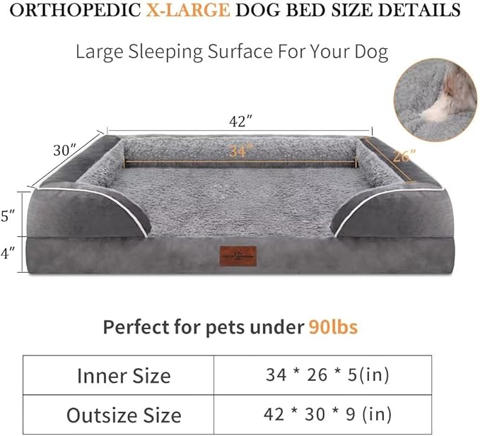 Comfort Expression Orthopedic Waterproof Dog Beds Memory Foam, XL Washable Dog Beds with Removable Cover, Large Pet Sofa Couch with Bolster(X-Large,Silver Grey)-PawvioPets
