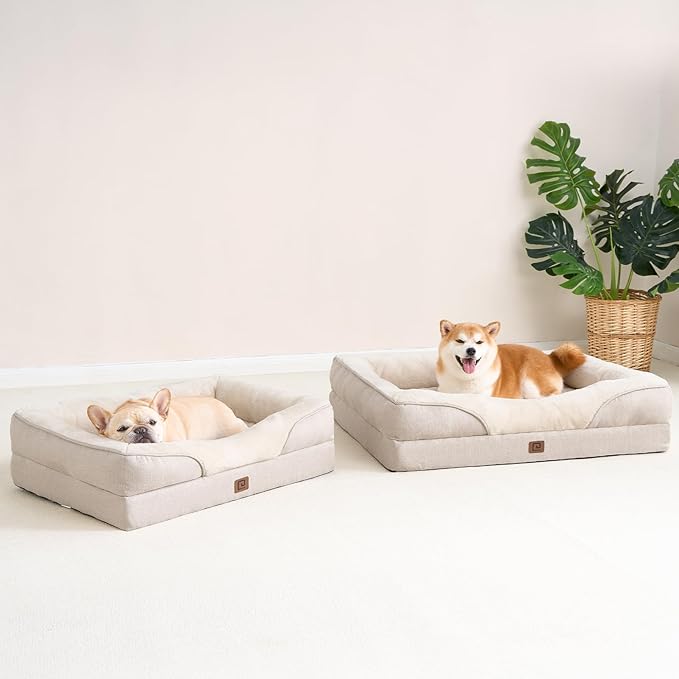 EHEYCIGA Memory Foam Dog Bed for Large Sized, Orthopedic Dog Sofa with Sides and Waterproof Liner, Washable Bolster Pet Bed Couch with Removable Cover, 36x27x7 Inch, Beige-PawvioPets