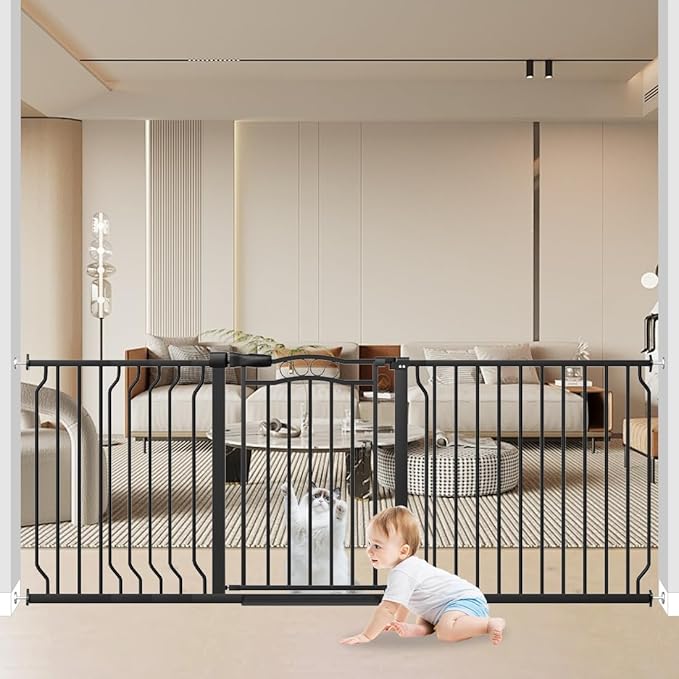 Extra Wide Baby Gate 67.3-81.1 Inch, Pressure Mounted Dog Gate Indoor, Walk Thru Pet Gate for Cat Dog Child,Pet Gates for The House Stairs Doorway Black-PawvioPets