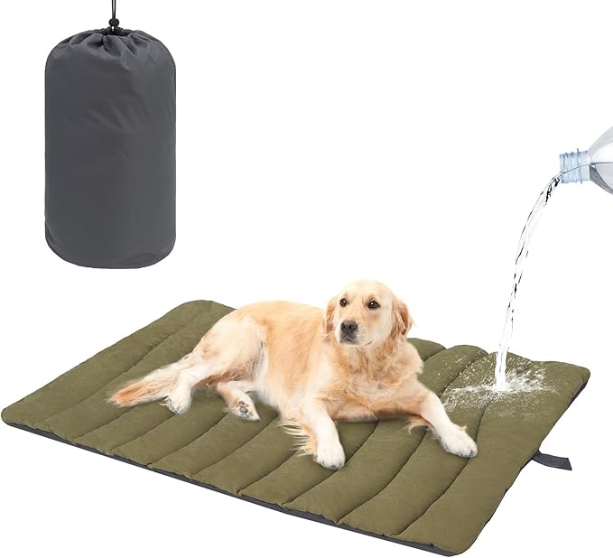 BEAUTYZOO Outdoor Dog Bed Waterproof, Camping Dog Bed Reversible, Portable Travel Bed with Carry Bag- Machine Washable, Durable, Foldable Outdoor Pet Bed Mat for Medium Large Dogs, 35” x 51“ Green-PawvioPets