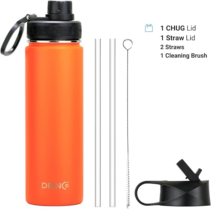 DRINCO Stainless Steel Water Bottle Spout Lid Vacuum Insulated Double Wall Water Bottle Wide Mouth (40oz 32oz 22oz 18oz 14oz) Leak Proof Keep Cold Sport Camping Hiking (22 oz, 22oz Orange)-PawvioPets