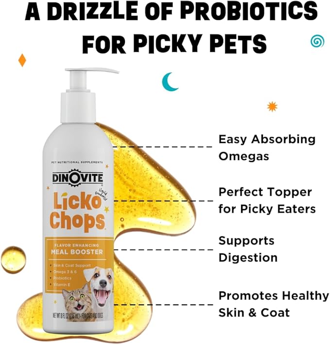 Dinovite Lickochops for Dog & Cat Supplement Enhanced with Omega-6, 3 Fatty Acids, Probiotics and Vitamin E, 16 oz with Pump-PawvioPets