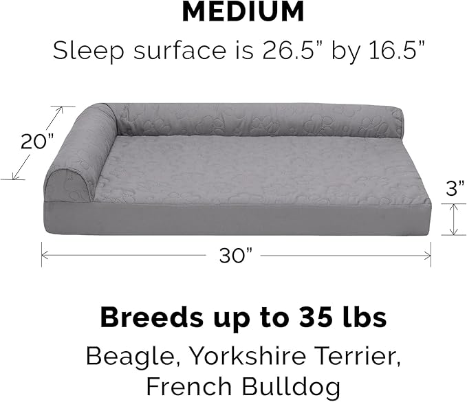 Furhaven Cooling Gel Dog Bed for Medium/Small Dogs w/ Removable Bolsters & Washable Cover, For Dogs Up to 35 lbs - Pinsonic Quilted Paw L Shaped Chaise - Titanium, Medium-PawvioPets