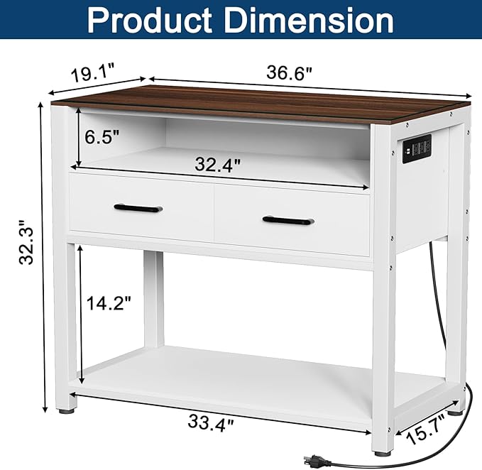 40-50 Gallon Fish Tank Stand with Power Outlet & 2 Storage Drawers, Heavy Duty Metal Frame Aquarium Stand with Waterproof Mat, 36.6" L*19.1" W Tabletop, 800LBS Capacity, White+Brown-PawvioPets
