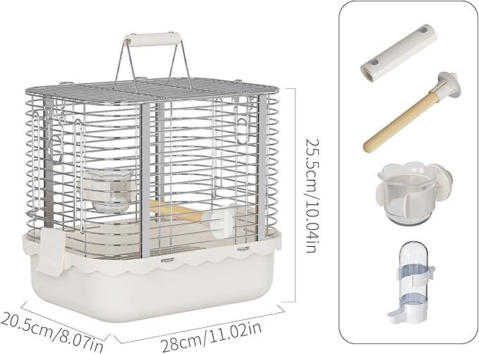 Bird Carrier Travel Cage, Durable Portable Stainless Steel Birdcage with Bird Perch & Feeding Bowl for Parrots Canaries Budgies Lovebirds Conures Cockatiels (Small White)-PawvioPets