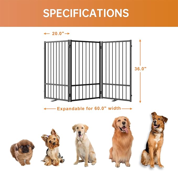 Full Metal Freestanding Dog Gate with Door, 36''Height Foldable Pet Dog Fence for Indoor & Outdoor, 3 Panels Extra Wide Free Standing TallDog Gates for Doorways,House,Stairs,Porch,Deck,Yard-PawvioPets