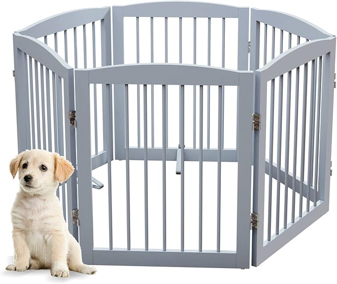 Freestanding Pet Gate for Dogs, Foldable Wooden Dog Gate for House, Extra Wide Indoor Pet Barrier for Stair, Doorway, Hall, Support Feet Included, 120 Inch Wide, 6 Panels 24", Grey-PawvioPets