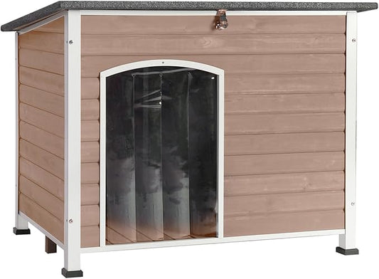 Dog House Outdoor & Indoor Wooden Dog Kennel for Winter with Raised Feet Weatherproof for Small & Medium & Large Dogs,Unique All-Around Iron Frame，Light Brown-PawvioPets