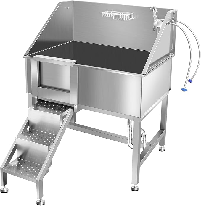 38" Pet Dog Bathing Station W/Ramp, Professional Stainless Steel Dog Grooming Tub W/Soap Box, Faucet,Rich Accessory, Dog Bathtub for Large,Medium,Small Pets, Washing Sink for Home,L-RAMP-PawvioPets