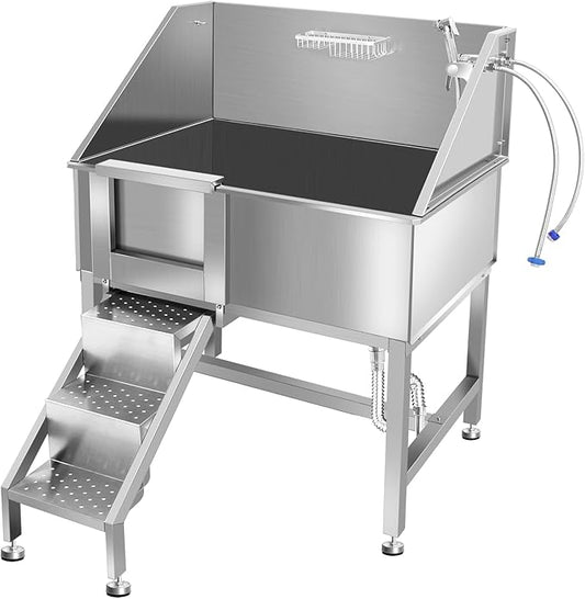 38" Pet Dog Bathing Station W/Stairs, Professional Stainless Steel Dog Grooming Tub W/Soap Box, Faucet,Rich Accessory, Dog Bathtub for Large,Medium,Small Pets, Washing Sink for Home,L-RAMP-PawvioPets
