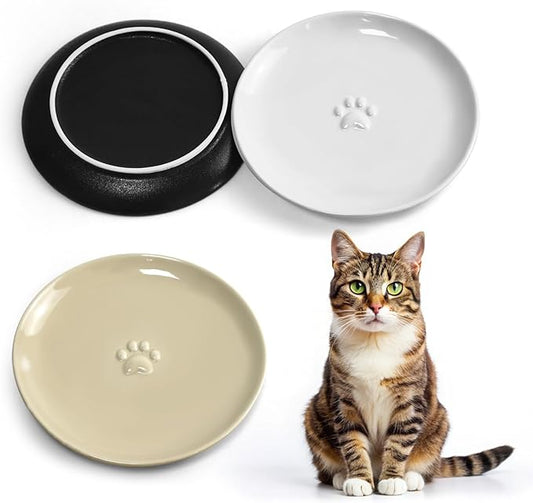 3PCS Cat Food Bowl,Ceramic Cat Dish for Indoor Cats,Wide Shallow Cat Bowls for Dry and Wet Food,Anti Whisker Fatigue Cat Plates for Kitten Cats or Dogs-PawvioPets