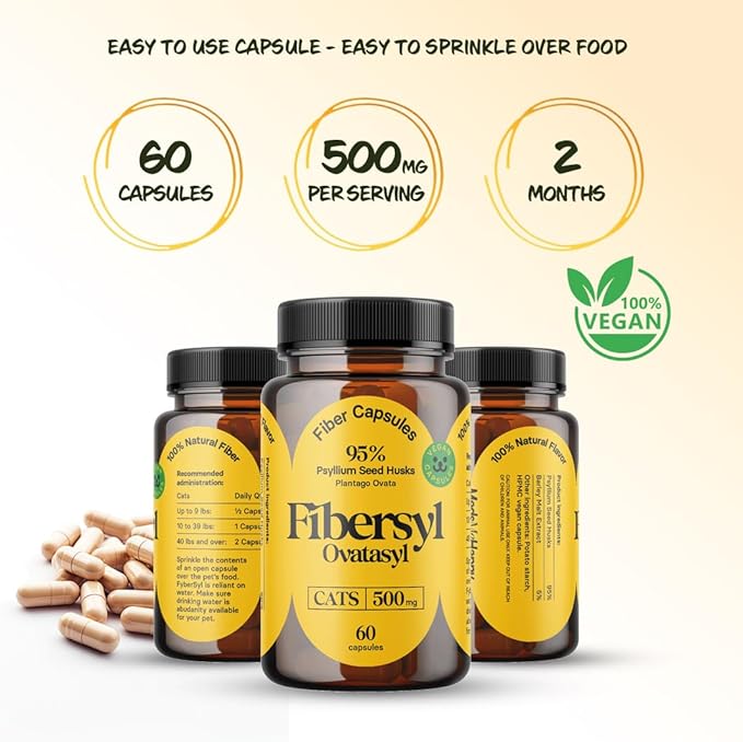 FiberSyl Ovatasyl Prebiotics for Cats Digestive Health - Cat Fiber Supplements for Constipation Relief & Support - Psyllium Husk Seed to Support Digestion Problems - Cat Stool Hardener - 60 Capsules-PawvioPets