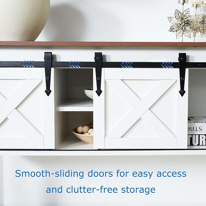Entryway Table with Storage, Farmhouse Buffet Cabinet Coffee Bar Kitchen Island with Sliding Barn Doors & Shelves, Console Table for Kitchen, Dining Room, Living Room, White-PawvioPets