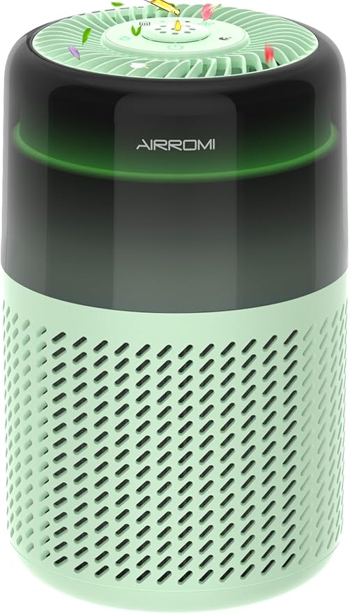 AIRROMI Air Purifier for Bedroom Home,HEPA Filter,Covers Upto 549 Ft²,Quiet 360°intake Air Cleaner with Fragrance ponge for Better Sleep,Night Light,Filters Smoke,Pet Dander,Allergies,Dust,A2005 Green-PawvioPets