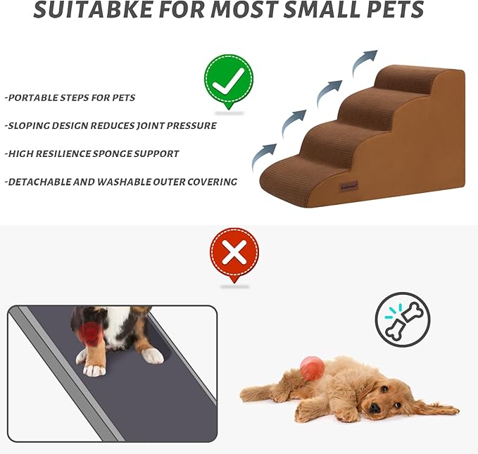 4-Step Dog Stairs and Ramp for Beds or Couches – Non-Slip Sturdy Pet Steps for Small Dogs and Cats,17.4" H,Brown-PawvioPets