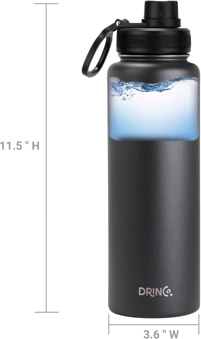 DRINCO Stainless Steel Water Bottle Spout Lid Vacuum Insulated Double Wall Water Bottles Wide Mouth (40oz 32oz 22oz 18oz 14oz) Leak Proof Keeps Cold or Hot (40 oz, 40oz Black)-PawvioPets