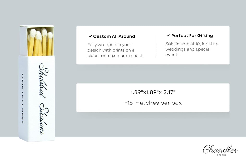 Customizable Personalized Matchboxes – Set of 10 – Shabbat Shalom Design – Colorful Matches & Matchsticks – Perfect for Shabbat (2" Matchsticks, Shabbat #1)