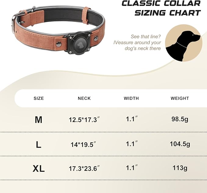 AirTag Dog Collar - Leather Dog Collar with Air Tag Holder | IPX8 Waterproof, Reflective, High - End, Adjustable Soft Padded | Dog GPS Tracker Collars Fit for Medium Large Dogs (Mahogany Brown, L)-PawvioPets