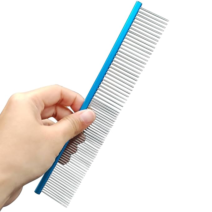 2 Pack Dog Combs with Stainless Steel Teeth Applicable to Cat Dog Comb Removing Tangles Easily Remove Dirt Grooming Anti-Slip Comfort Grip Handle （blue）-PawvioPets