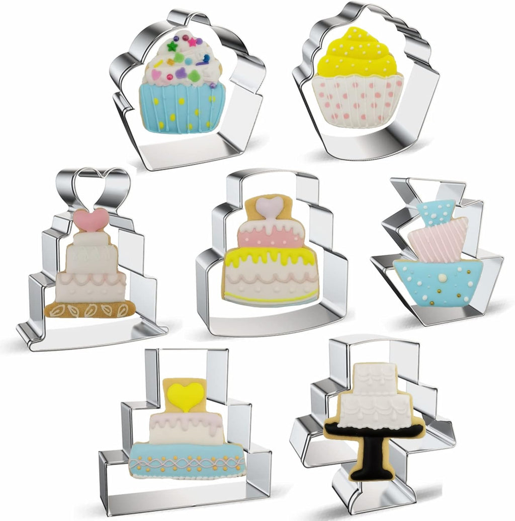 Cake Shaped Cookie Cutters Set of 7 pcs, Stainless Steel Cupcake/Birthday Cake/Wedding Cake Series Fondant Cutter Molds Baking DIY