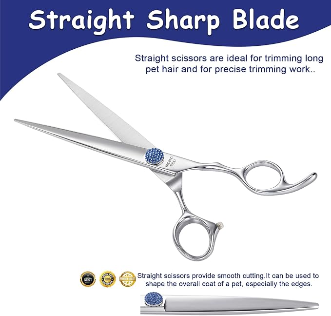 7.5'' Dog Grooming Scissors CNC 440C Blades Sharp and Durable Polished Straight Dog Shears with Blue Diamond Adustable Screws Easy to Use for Groomer and Home User-PawvioPets