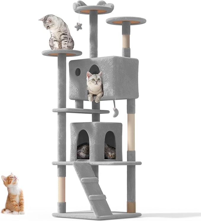 77'' Cat tree Tower for Indoor Cats Large Adult,Cute/Tall Modern Cat Tree for Big Cats 20 lbs,Plush Multi-Level Cat Condo with Scratching Posts,Dangling Ball for fun play(Light Gray, 77 inch)-PawvioPets
