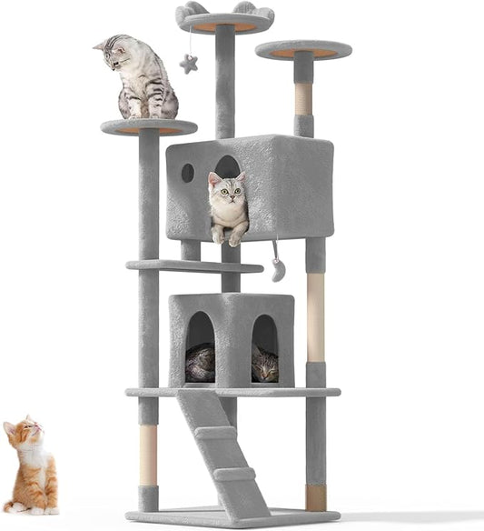77'' Cat tree Tower for Indoor Cats Large Adult,Cute/Tall Modern Cat Tree for Big Cats 20 lbs,Plush Multi-Level Cat Condo with Scratching Posts,Dangling Ball for fun play(Light Gray, 77 inch)-PawvioPets