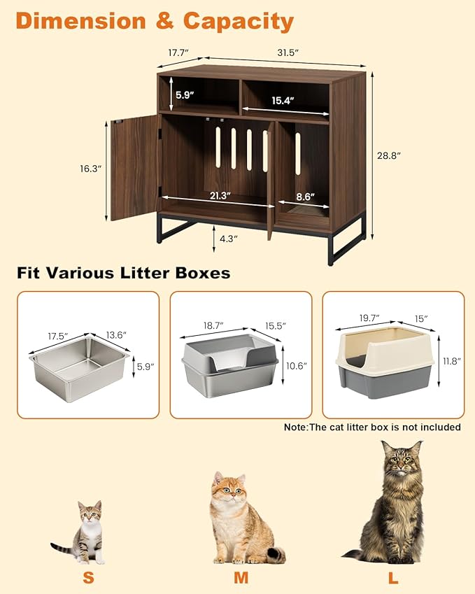 Cat Litter Box Enclosure, Large Hidden Pet Storage Cabinet Furniture with Waveform Fluted Doors & Scratching Pad, Modern Wooden Cat House Indoor for Washroom, Living Room, Bedroom, Rustic Brown-PawvioPets