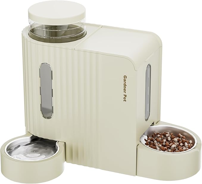Gardner Pet Gravity Automatic 2-in-1 Pet Feeder, 0.8 Gallons*2 Cat Feeder and Water Dispenser Set, 100% BPA-Free Feeder and Stainless Steel Water Dispenser for Dogs, Cats, Rabbits, Puppies (Beige)-PawvioPets
