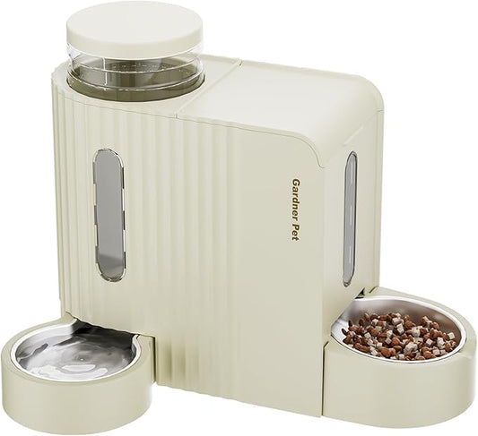 Gardner Pet Gravity Automatic 2-in-1 Pet Feeder, 0.8 Gallons*2 Cat Feeder and Water Dispenser Set, 100% BPA-Free Feeder and Stainless Steel Water Dispenser for Dogs, Cats, Rabbits, Puppies (Beige)-PawvioPets