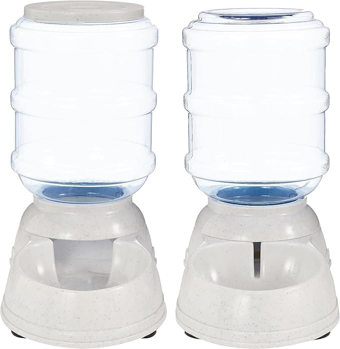 Amazon Basics Automatic Dog Cat Water Dispenser Gravity Feeder Set, Pack of 2, Small, 6-Pound Food Capacity, 1-Gallon, Gray-PawvioPets