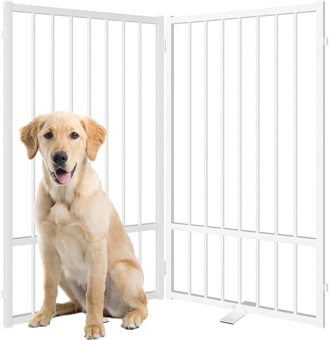 Full Metal Freestanding Dog Gate with Door, 36''Height Foldable Pet Dog Fence for Indoor & Outdoor, 2 Panels Extra Wide Free Standing TallDog Gates for Doorways,House,Stairs,Porch,Deck,Yard-PawvioPets