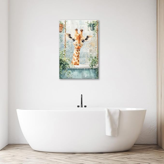 Bathroom Funny Giraffe Pictures Wall Art, Watercolor Giraffe Bathroom Wall Decor, Animal Framed Painting Canvas Artwork for Living Room Decorations 24"L x 16"W-PawvioPets
