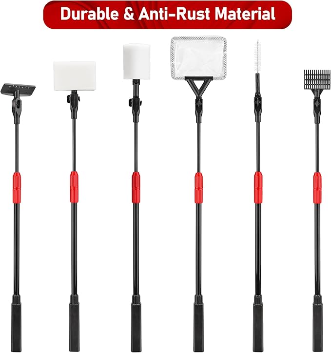 6 in 1 Aquarium Cleaning Tool Kit Fish Tank Algae Scraper, Sponge Pad, Fish Net, Gravel Rake and Cleaning Brush with Telescopic Long Handle-PawvioPets