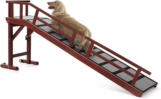 Dog Ramp for Bed or Couch, Wooden Pet Ramp with 20° Gentle Slope, Removable Side Rails, Non-Slip Surface, Top Platform & Wheels, Safe Bed Ramp for Small, Medium & Senior Dogs, 74" Long, Mahogany-PawvioPets