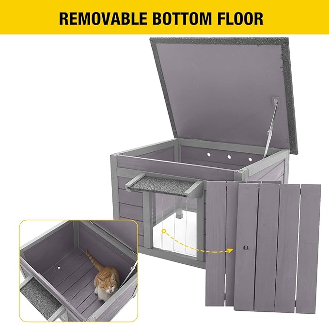 Aivituvin Cat House Waterproof Feral Kitty Shelter Outdoor Indoor Rabbit Hutch for Bunnies,Cats,Dogs and Other Small Animals,Asphalt Roof-PawvioPets