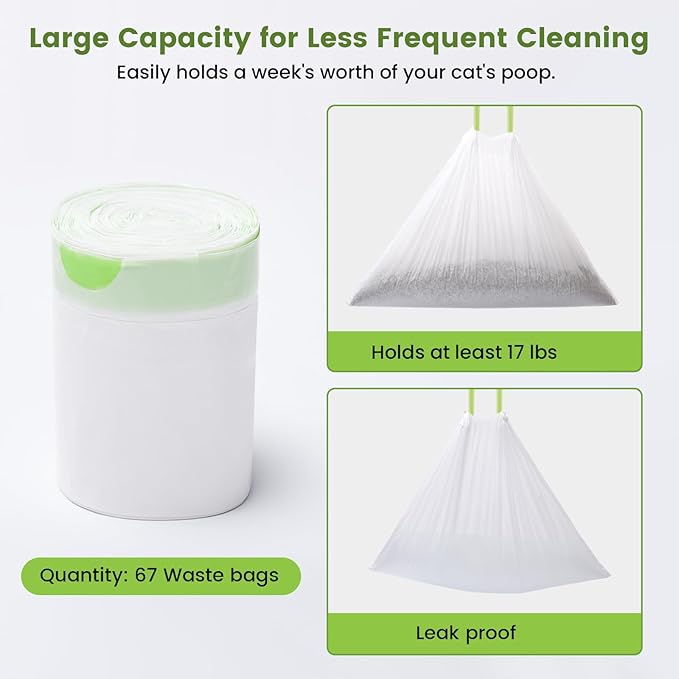 67 Count Waste Drawer Bags for Robot 3 4 and Compatible with Most Self Cleaning Litter Box & ScoopFree Clumping Poop Bin, 9 Gal Kitty Drawstring Liners Leak-proof Disposable Pet Trash Replacement Bags-PawvioPets