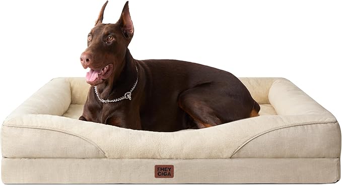 EHEYCIGA Memory Foam XL Dog Bed for XLarge Sized, Extra Large Orthopedic Dog Sofa with Sides and Waterproof Liner, Washable Bolster Pet Couch with Removable Cover, 48x35x7.5 Inch, Beige-PawvioPets