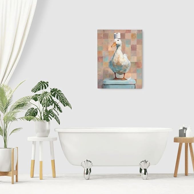 Funny Duck Bathroom Wall Art Cute Duck on Toilet Canvas Wall Decor Funny Quirky Farm Animal Pictures Painting Print Framed Artwork Decorations Gifts for Bathroom 12"x16"-PawvioPets