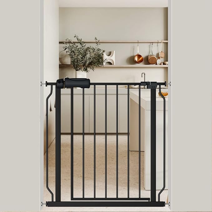 Black Baby Gate 29-34 Inch Wide Walk Through Pressure Mounted Safety Gate with Door No Drill Tension Metal Gate for Dog Cat and Toddler-PawvioPets