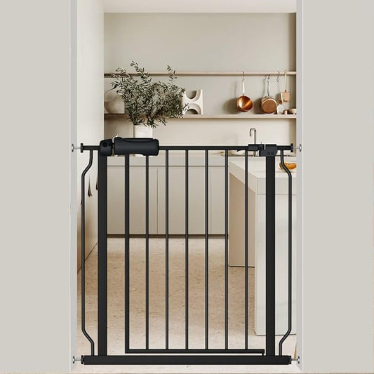 Black Baby Gate 29-34 Inch Wide Walk Through Pressure Mounted Safety Gate with Door No Drill Tension Metal Gate for Dog Cat and Toddler-PawvioPets