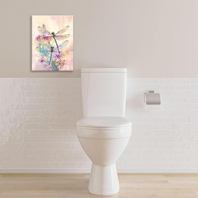 Dragonfly Bathroom Pictures Wall Art, Floral Bathroom Wall Decor, Framed Painting Canvas Artwork for Bedroom Living Room Decorations 20"L x 16"W-PawvioPets