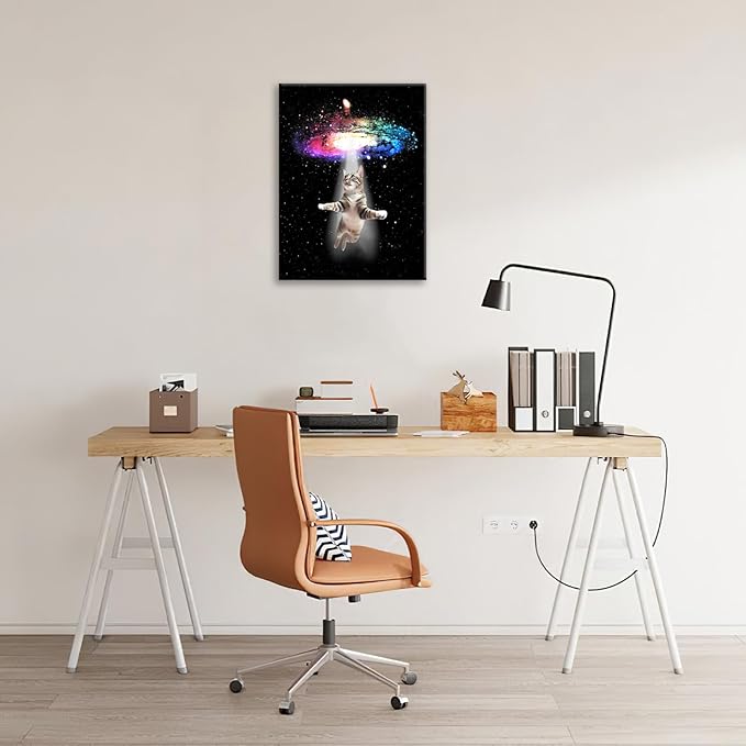 Funny Cat Wall Art Canvas Galaxy Wall Decor Prints Framed Painting Animal Pictures Gifts Artwork for Bathroom Living Dining Kitchen 12"x16"-PawvioPets
