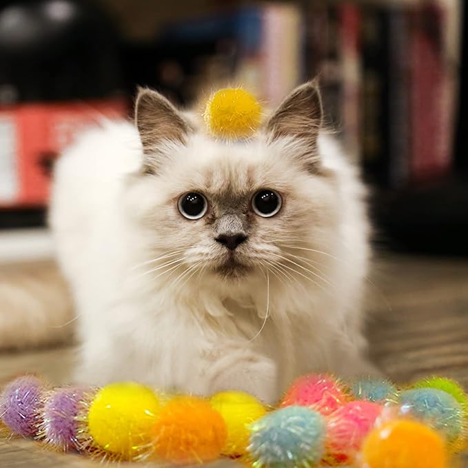 30 Pieces 1.6 inches Sparkle Pom Pom Balls for Cat - Interactive Glitter Balls, Multicolor, Best as Kitten Play Toys-PawvioPets
