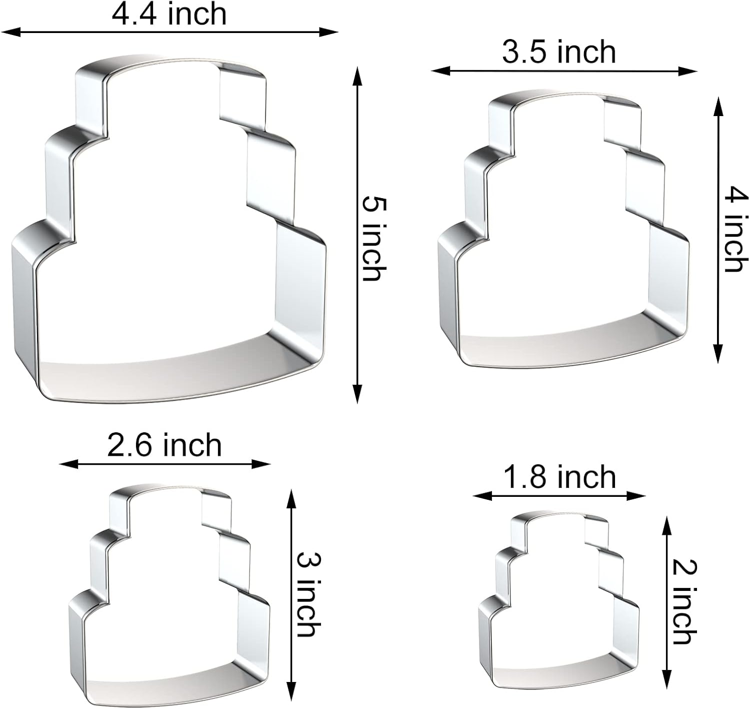 Wedding Cake Cookie Cutter Set - 4 Piece Assorted Sizes (5", 4", 3", 2") - Stainless Steel
