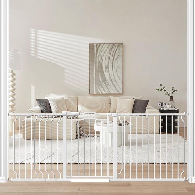 Extra Wide Dog Gate for Doorways 72-81.5 in, Walk Through Long Baby Gates for Large Openings, No Drill Child Safety Gate for Pets Kids Toddler, Doggy Barrier Indoor Metal, 30" Tall White-PawvioPets